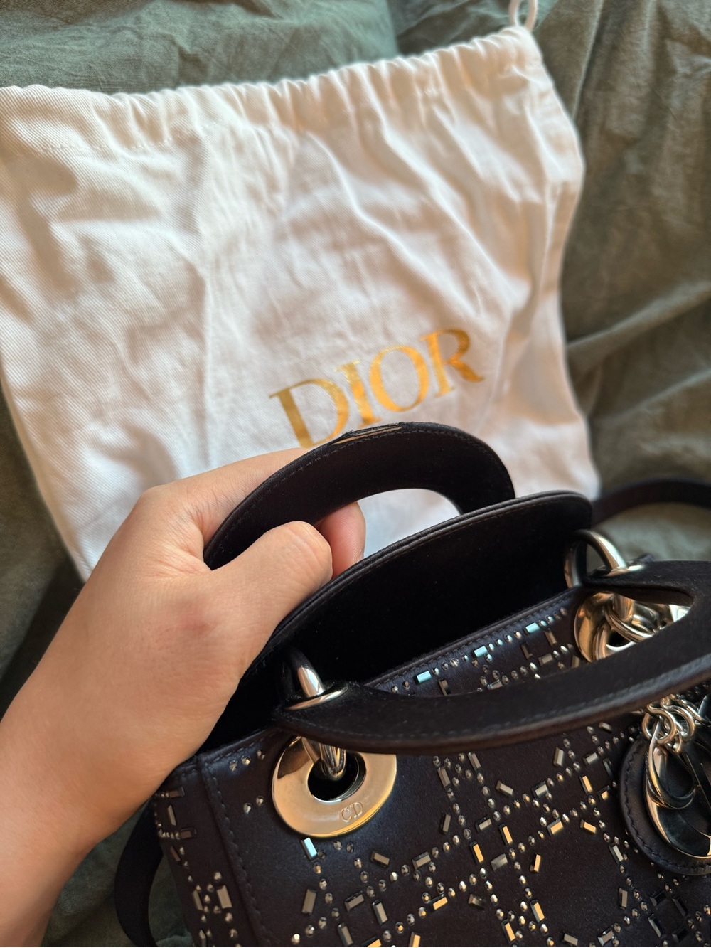 Dior Dark Navy Satin Crystal Lady Dior Mini - Picture 15 of 16
